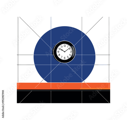 Black and white vintage wall clock centered on a minimalist interior wall, bold deep blue circular backdrop behind the clock face, bright orange horizontal bar