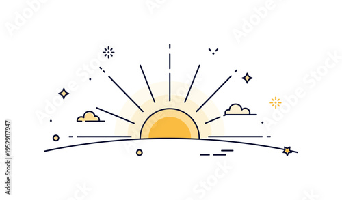 Bright horizon sunrise scene featuring a glowing sun rising above a simple curved landscape line with soft radiant beams, expressing hope, renewal and fresh