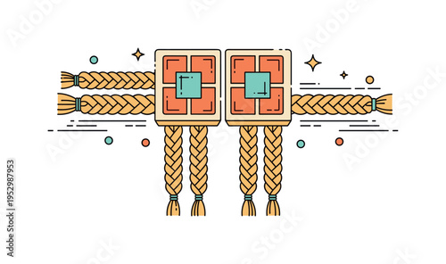 Box braids concept illustrated by a symmetrical pattern of neat square sections leading into uniform braids. The compact composition emphasizes structure,