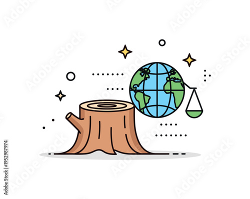 Deforestation impact symbolized by a single tree stump beside a small globe icon and subtle dotted accents indicating loss of natural balance. The illustration