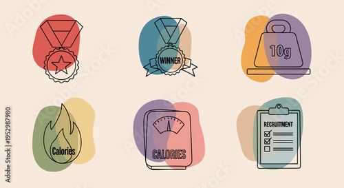 A collection of outlined icons featuring medals, weights, and calorie symbols in a modern, colorful style for fitness and competition themes