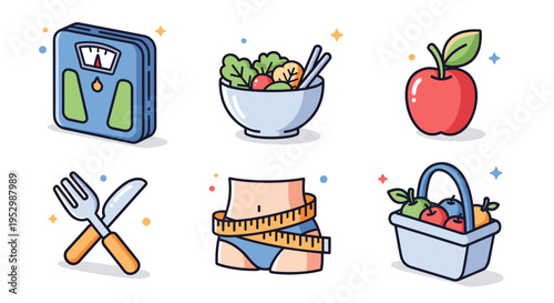 A collection of colorful icons representing healthy eating and fitness, featuring a scale, salad bowl, apple, measuring tape, and more