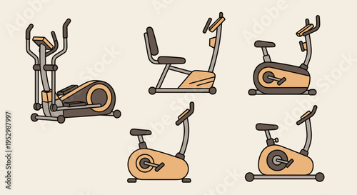 A collection of fitness equipment illustrations featuring an elliptical, stationary bike, and recumbent bike in a minimalist style