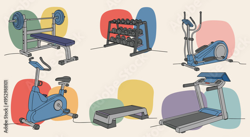 A collection of fitness equipment illustrations including weights, a treadmill, and an exercise bike in a minimalist style
