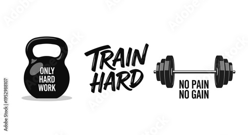 A motivational fitness illustration featuring a kettlebell and barbell with bold typography in a modern style
