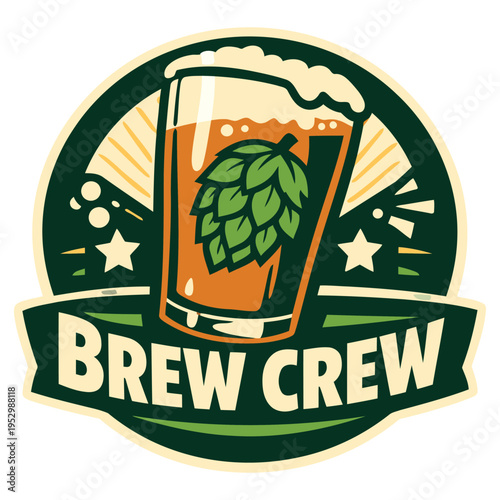 Vibrant brew crew logo design featuring a frothy beer mug with hop cone illustration perfect for brewery branding and craft beer labels