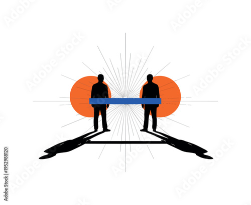 Black and white pair of hands hovering around a glowing crystal ball, bold red ring encircling the sphere, blue geometric arch above creating symmetry, thin