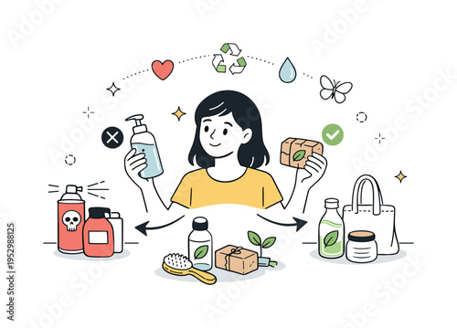 Reducing hormone disruptor exposure. Person choosing safer alternatives, replacing products with eco-friendly or minimal packaging options. Scene conveys