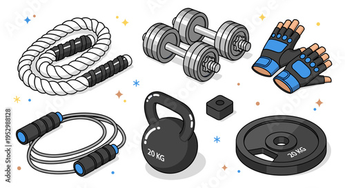 A collection of gym equipment including dumbbells, kettlebells, a jump rope, and workout gloves in a flat design style