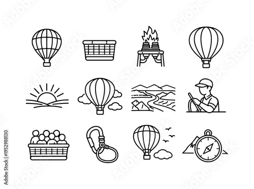Hot Air Balloon Ride. Line icon set of Hot Air Balloon Ride: hot air balloon, balloon basket, burner flame, inflated balloon envelope, sunrise flight, floating