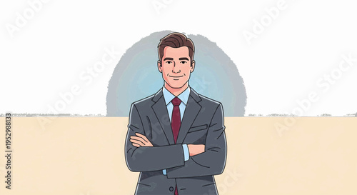Confident and approachable young businessman in a sharp suit, standing with arms crossed, exuding professionalism and leadership in a clean, modern illustration