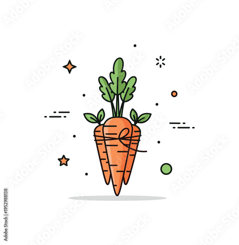 Organic carrot harvest small bunch of carrots tied together with simple ribbon and tiny leaf accents, symbolizing farm fresh produce and sustainable