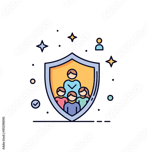 Workplace loyalty program visualized as a shield icon protecting a small group of employees, expressing security, benefits, and supportive corporate