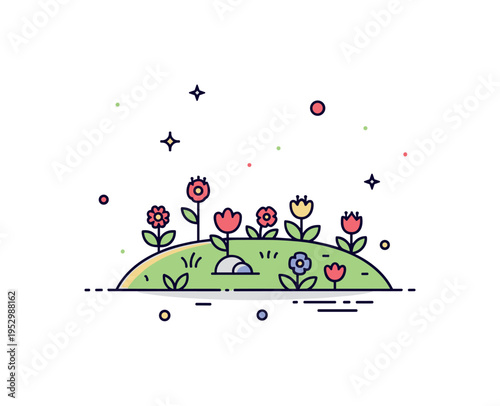 Spring glade with wildflowers small clearing filled with simple flower accents and soft greenery, expressing seasonal renewal and gentle countryside charm.