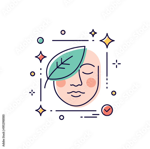 Natural beauty concept centered on a soft face silhouette framed by a single leaf and subtle sparkle accents, expressing freshness, authenticity, and gentle