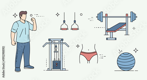 A fitness illustration featuring gym equipment and a person exercising in a minimalist, modern style