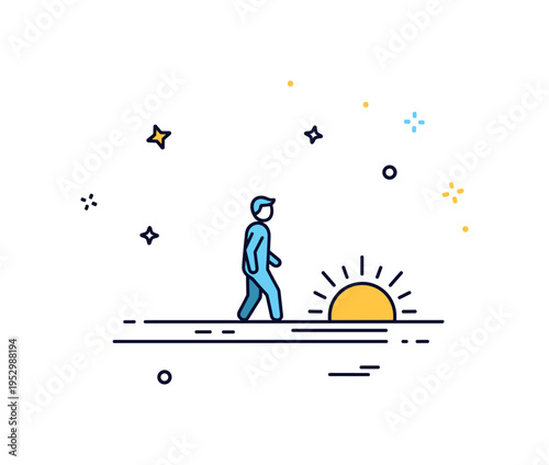 Path to enlightenment small human figure walking toward a rising sun on a simple horizon line, representing growth, purpose and spiritual journey. Minimalist