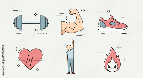 A collection of fitness-themed icons featuring weights, a heart monitor, a muscular figure, and running shoes in a modern flat style
