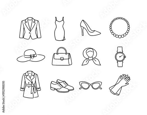 Classic Fashion. Minimalistic set one-line drawing [tailored blazer jacket, little black dress silhouette, high heel shoe, pearl necklace strand, wide brim