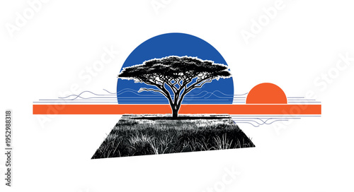 black and white acacia tree silhouette centered in vast savannah grasslands, cut-out effect with white outline, bold electric blue circular backdrop and vivid