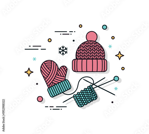 Knitted winter ornaments tiny yarn mitten and hat with knitting needles nearby, capturing the comfort and patience of handmade seasonal decor. Minimalist flat