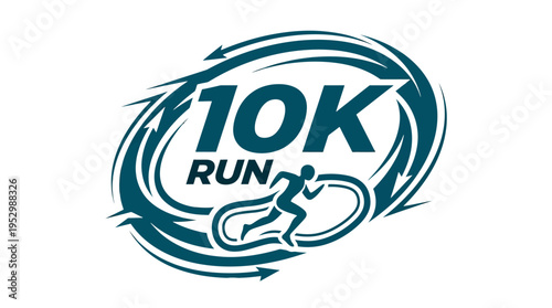 Dynamic 10K Running Event Logo Featuring a Runner and Circular Motion Elements for Athletic Race Promotions