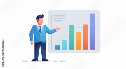 Professional businessman delivering a compelling presentation, showcasing financial growth and data analysis with a vibrant bar chart, perfect for illustrating strategic business success and market pe