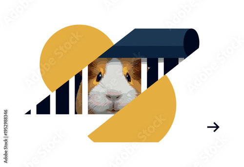 Close-up black and white guinea pig face peeking through simplified cage bars, layered paper collage effect, bold mustard yellow circle and deep navy cylinder