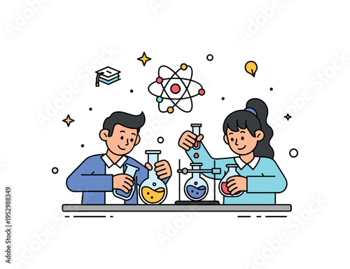 Science class experiment in progress showing two students carefully mixing colorful liquids while a small atom icon floats above, symbolizing exploration and