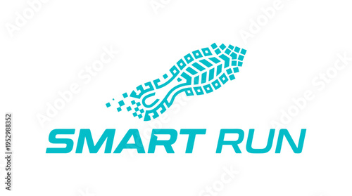 Innovative digital running icon with futuristic footprint and sleek typography emphasizing smart athletic technology