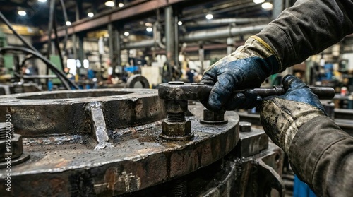 Close-up shot of an industrial mechanic's gloved hands using a heavy-duty wrench to tighten a massive bolt on a steel flange
