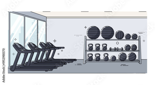 A modern gym interior featuring treadmills and a variety of weights in a minimalist style