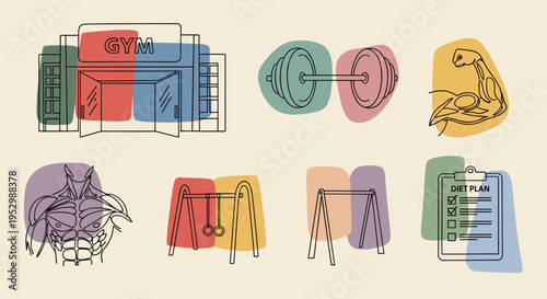 A colorful gym-themed illustration featuring weights, exercise equipment, and a diet plan in a modern, minimalist style