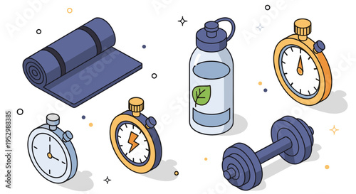 A collection of fitness equipment including a yoga mat, water bottle, stopwatch, and dumbbell in a modern flat style