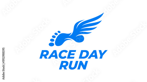 Dynamic race day run emblem featuring a stylized blue winged foot symbol with bold text for athletic event promotion