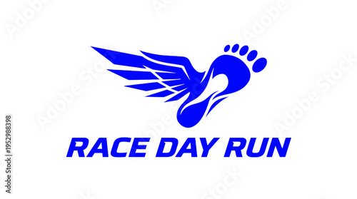 Dynamic race day run logo featuring stylized winged foot in vibrant blue for energetic athletic branding