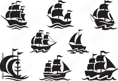 Set of black silhouette sailing ships with sails and flags on ocean waves isolated on white background for marine navigation design symbols