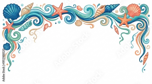 Stylized Ocean Wave Border with Seashells and Starfish