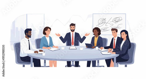 Business meeting and discussion with diverse group of professionals in a modern boardroom, collaborating and brainstorming ideas around a table