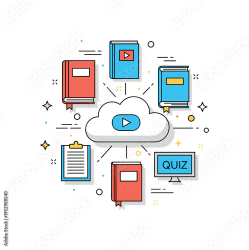 Cloud storage for educational resources featuring a central cloud surrounded by book, video, and quiz icons, symbolizing shared materials and remote