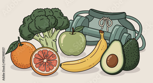 A colorful assortment of fresh fruits and vegetables, featuring broccoli, avocado, and banana in a modern flat style