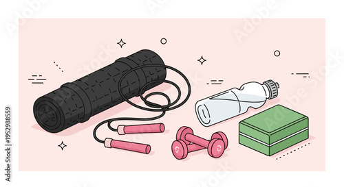 A collection of fitness equipment including a yoga mat, dumbbells, water bottle, and jump rope in a modern flat style