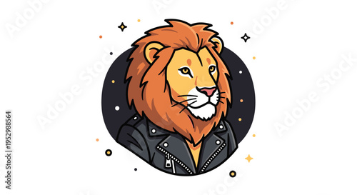 A stylized lion wearing a leather jacket, featuring a modern and playful design with vibrant colors and a circular background