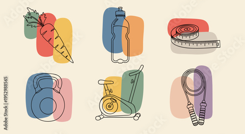 A collection of fitness and health icons featuring a carrot, water bottle, measuring tape, kettlebell, and exercise bike in a minimalist style