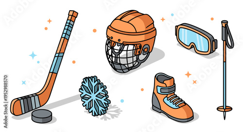 A vibrant collection of winter sports equipment including a hockey stick, helmet, and skates in a flat design style