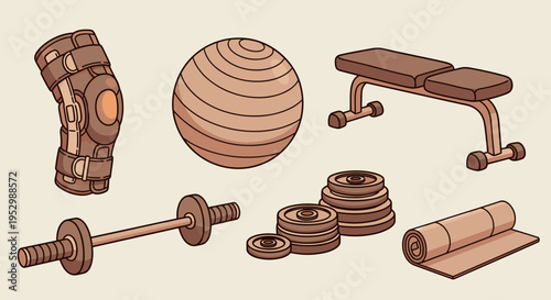 A collection of fitness equipment including weights, a gym ball, and a workout bench in a flat design style