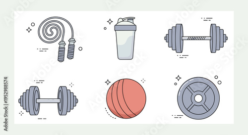 A collection of fitness equipment icons including dumbbells, a shaker bottle, and a jump rope in a minimalist style