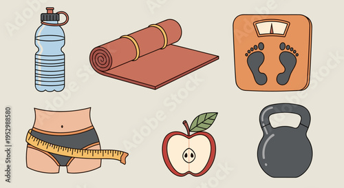 A collection of fitness icons including a water bottle, yoga mat, scale, measuring tape, apple, and kettlebell in a flat style