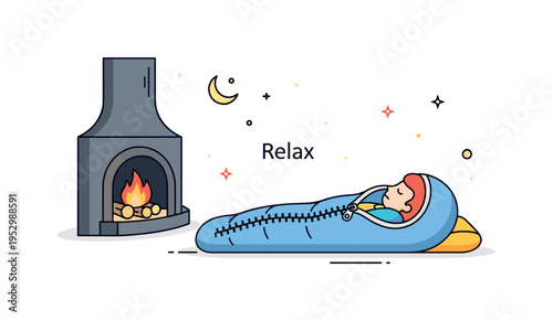 Peaceful night by the hearth with a relaxed figure in a zipped sleeping bag enjoying gentle warmth and silence. Small floating ember dots and a short word