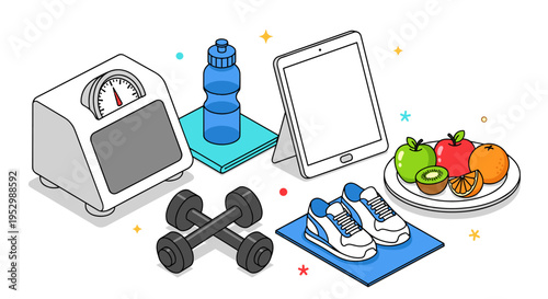 An illustration featuring fitness elements like a scale, water bottle, tablet, dumbbell, and healthy food on a plate in a modern style